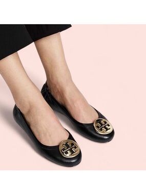 Tory Burch Black Flats with Gold Emblem